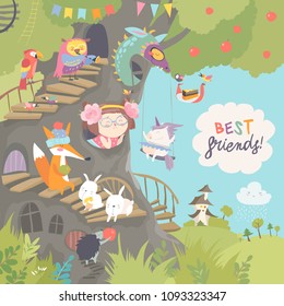 Cute treehouse with little girl and animals