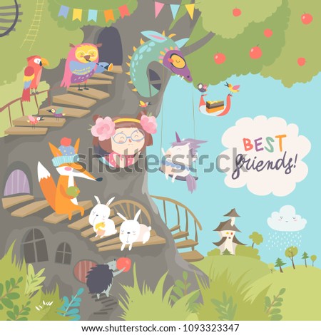 Cute treehouse with little girl and animals
