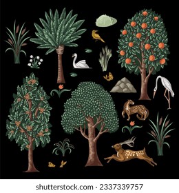 Cute trees and animals isolated. Vector