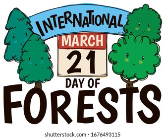 Cute trees of different types commemorating International Day of Forests and reminding at you the date of this celebration with calendar: March 21.