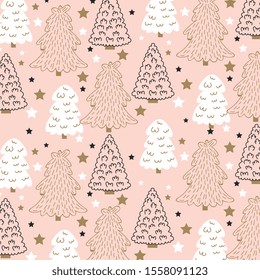 cute trees pattern background with stars. vector illustration