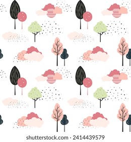 Cute trees seamless pattern. Scandinavian trees and clouds vector wallpaper. Childish fantasy background. 