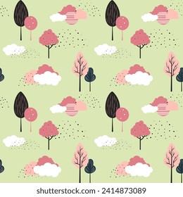 Cute trees seamless pattern. Scandinavian trees and clouds vector wallpaper. Childish fantasy background. 