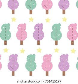 Cute trees  and stars pattern for wrapping paper design, decoration, background, ornament, wallpaper, funny  elements, cute drawings , white background, print , Pastel green, pink and purple color.