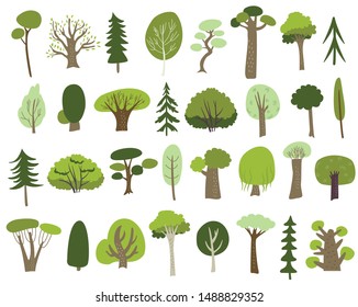 Cute trees in vector set. Cartoon style.