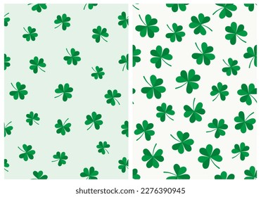 Cute Trefoil Clover Seamless Twin Pattern On Mint And Off-White Background. Repeatable Design. Vector Graphic Great To Use For St. Patrick’s Day Wrapping Paper Or Textile Prints.