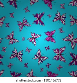Cute trend butterflies. Vector traditional folk nice decor on blue, purple and white background for clothing design.