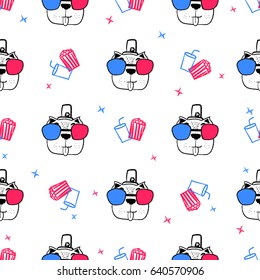 Cute trend seamless pattern with dog in cinema glasses. Vector template for fashion, t-shirt, baby clothes, packaging, greeting card design..