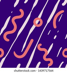Cute trendy abstract seamless pattern with pink elements on blue background. Good for background, paper, wrapping packaging, fabric.