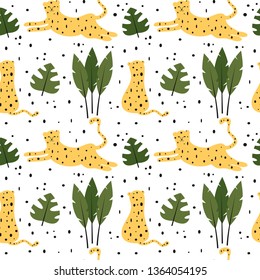 cute trendy abstract seamless vector pattern background illustration with leopards and tropical leaves