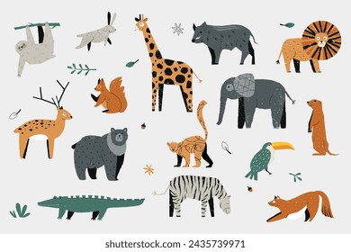 Cute trendy animals. Colorful hand drawn baby zoo wildlife, decorative cartoon giraffe lion elephant zebra hippo crocodile for kid. Vector isolated set of design cartoon geometric graphic illustration