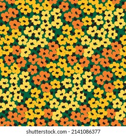 Cute trendy botanical background with yellow flowering meadow. Seamless pattern, liberty floral print with many small flowers heads, leaves. Vector illustration with sketch plants.