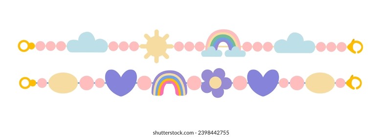 Pulseras a la moda con nubes y cuentas de arco iris conjunto vectorial plano