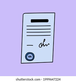 Cute und trendige Geschäftsunterlage in handgezeichnet Stil. Vektorgrafik einzeln auf dem Hintergrund mit Doodle-Umriss. Papier mit Stempel und Unterschrift.