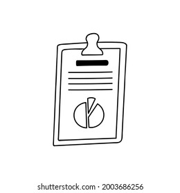 Cute and trendy business document on the clipboard with diagram, chart in hand drawn style. Vector illustration isolated on the background with doodle outline. Paper for meetings, conferences