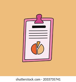 Documento de negocios lindo y de moda en el portapapeles con diagrama, gráfico con estilo dibujado a mano. Ilustración vectorial aislada en el fondo con contorno de doodle. Documento para reuniones y conferencias