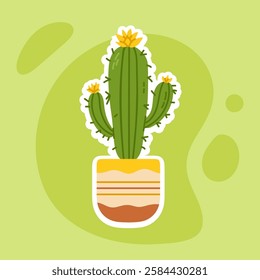 A cute and trendy cactus with small yellow flowers in a ceramic pot. Perfect for desert-themed and botanical illustrations