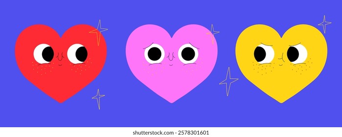 Cute trendy cartoon heart characters. Colorful heart shapes in love. Valentine's day clipart. Happy emotions, positive vibes.