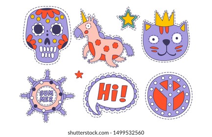 Cute Trendy Cloth Patches Set, Colorful Childish Stickers Appliques Vector Illustration