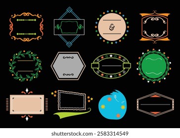 Cute trendy colorful and creative assorted empty emblem banners icons and design elements set on black background