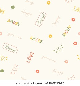 Impresión de patrones sin costura, a la moda, sin costuras de conversación, flores de doodle, estampado floral, burbuja de pensamiento, citas positivas, eslóganes, tela, textiles, camiseta, embalaje, envoltura, niñas, niños, mujeres