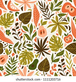 Cute trendy design for fabric, wallpaper, wrap paper. Scandinavian style repeated background with leaves and tropical fruits. Vector illustration.