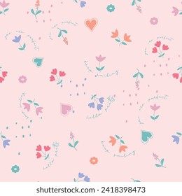 Cute, trendy ditsy conversational colorful positive letter and words seamless pattern print background with flowers, florals for fashion, textile, tshirt, girls, kids