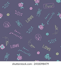 Cute, trendy ditsy conversational colorful positive letter and words seamless pattern print background with flowers, florals for fashion, textile, tshirt, girls, kids