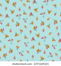 Cute, trendy ditsy, small flowers, spaced out doodle flowers, hand drawn floral, seamless pattern print for fashion, textile, tshirt, girls, kidswear, womens wear