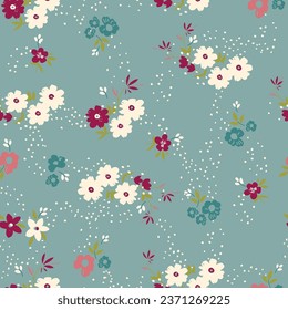 Cute, trendy ditsy, small flowers, spaced out doodle flowers, hand drawn floral, seamless pattern print for fashion, textile, tshirt, girls, kidswear, womens wear