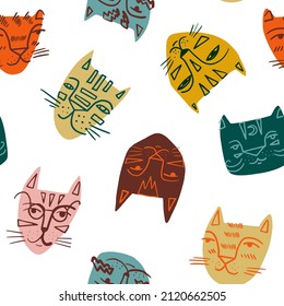 Cute trendy doodle style tigers seamless pattern. Tiger in eyeglasses, moon tiger, calm, smiling animal. Vector hand-drawn illustration for textile, fabric, wallpaper, wrapping paper print etc