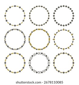 Elementos de diseño de moda lindos de los emblemas del patrón floral del borde del círculo hermoso negro y dorado en blanco y blanco en blanco sobre fondo blanco