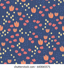 Cute and trendy floral seamless vector pattern with tulips, poppy flowers and berries