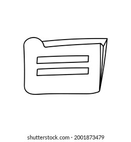 Cute and trendy folder in hand drawn style. Vector illustration isolated on the background with doodle outline. Folder with business documents in it or in computer with different files.