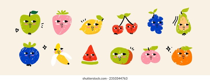 Cute trendy fruits and berries, drawn with marker, in the style of a child's drawing. Trending characters with funny faces. Pack of textured vector elements. Bright children's illustrations. 