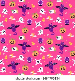 Cute trendy halloween seamless pattern with cat, pumpkin, ghost, etc