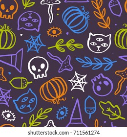 Cute and trendy Halloween seamless pattern. Vector hand drawn doodles illustration