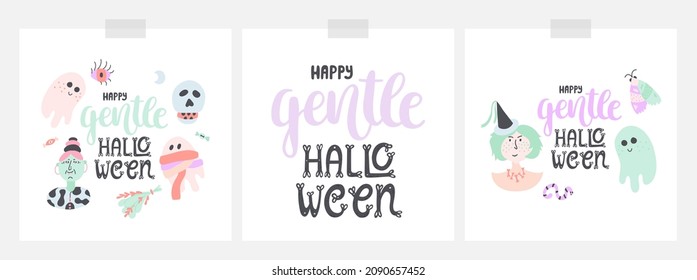 Cute and trendy Halloween square card designs in pastel colors. With lettering and calligraphy, and doodle illustrations. Pretty and nice designs. Vector on white cards.