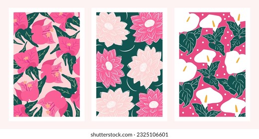 Cute trendy hand drawn botanical poster set with flowers in modern style, pink and green colors