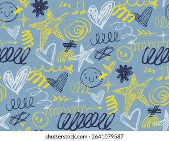 Cute trendy hand drawn doodle abstract pattern background, bag print, clothes fashion. 100% hand drawn vector image.