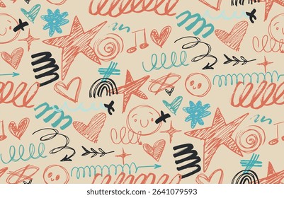 Cute trendy hand drawn doodle abstract pattern background, bag print, clothes fashion. 100% hand drawn vector image.