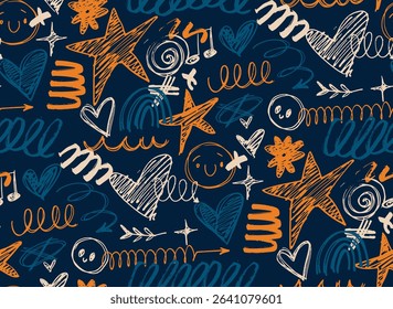 Cute trendy hand drawn doodle abstract pattern background, bag print, clothes fashion. 100% hand drawn vector image.