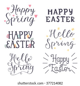 Cute, trendy hand drawn quotes and phrases for different decor.  Lettering sing - happy easter, hello spring, happy spring. Cute vector card  