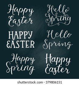 Cute, trendy hand drawn quotes and phrases on chalk board.  Lettering sing - happy easter, hello spring, happy spring. Cute vector card  