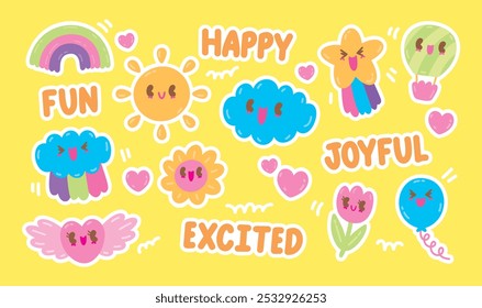 cute trendy happy fun cartoon with white outline graphic vector set for decorating your artwork