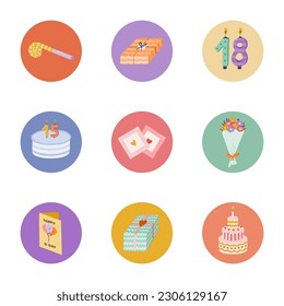Cute and trendy highlights for different social media, bloggers and companies about birthday party, holiday, celebration, anniversary with flat illustrations. Vector hand drawn clipart.