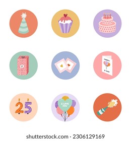 Cute and trendy highlights for different social media, bloggers and companies about birthday party, holiday, celebration, anniversary with flat illustrations. Vector hand drawn clipart.