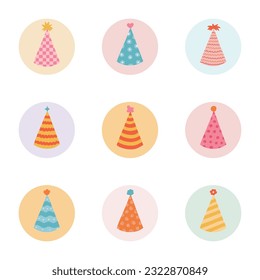 Puntos destacados de moda y entretenidos para diferentes medios sociales, bloggers y empresas sobre fiestas de cumpleaños, fiestas, celebración, aniversario con sombrero de cumpleaños. Doodle colorido dibujado a mano por el vector.