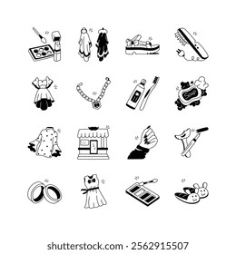 Cute, trendy icons depict clothing, cosmetics, accessories, and personal care items