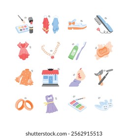 Cute, trendy icons depict clothing, cosmetics, accessories, and personal care items